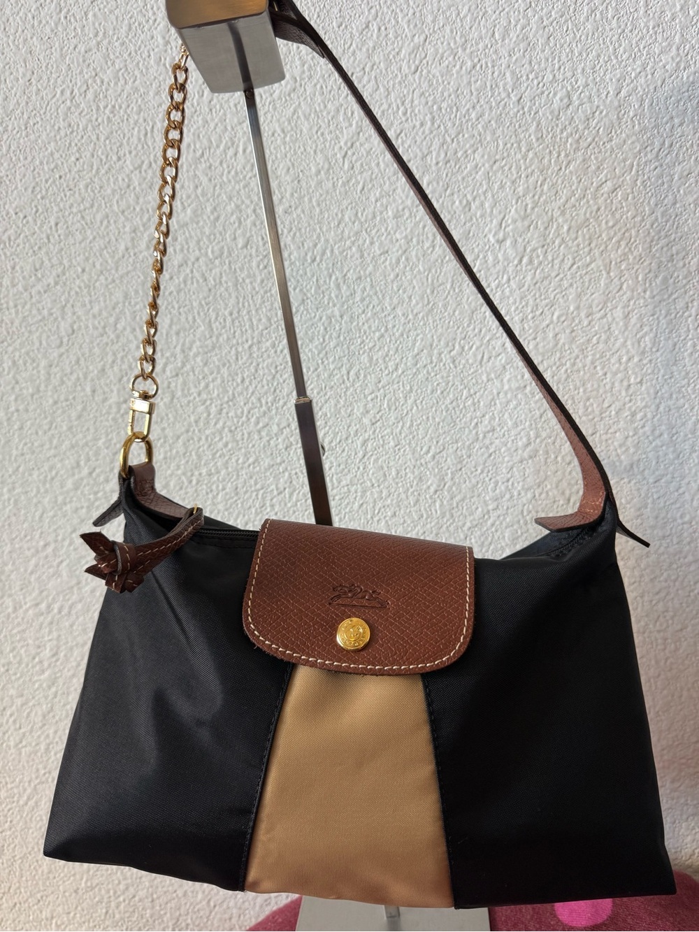 Vintage Longchamp Black Tan Nylon Leather Shoulder Bag Made in France